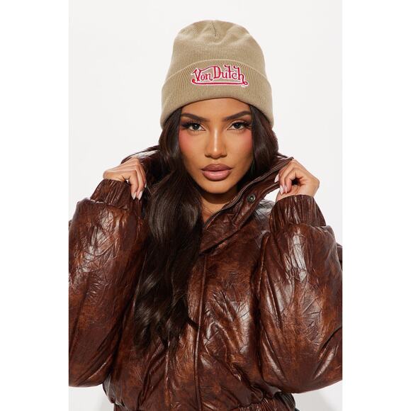 Von Dutch Embroidered Taupe Khaki Skull Beanie - Picture 2 of 6